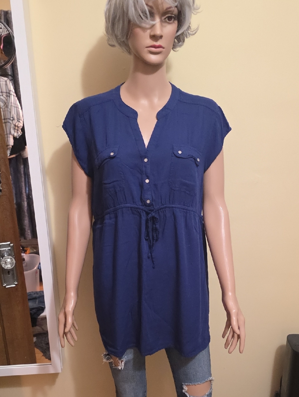 Navy Blue Maternity Split-Neck Drawstring Tunic